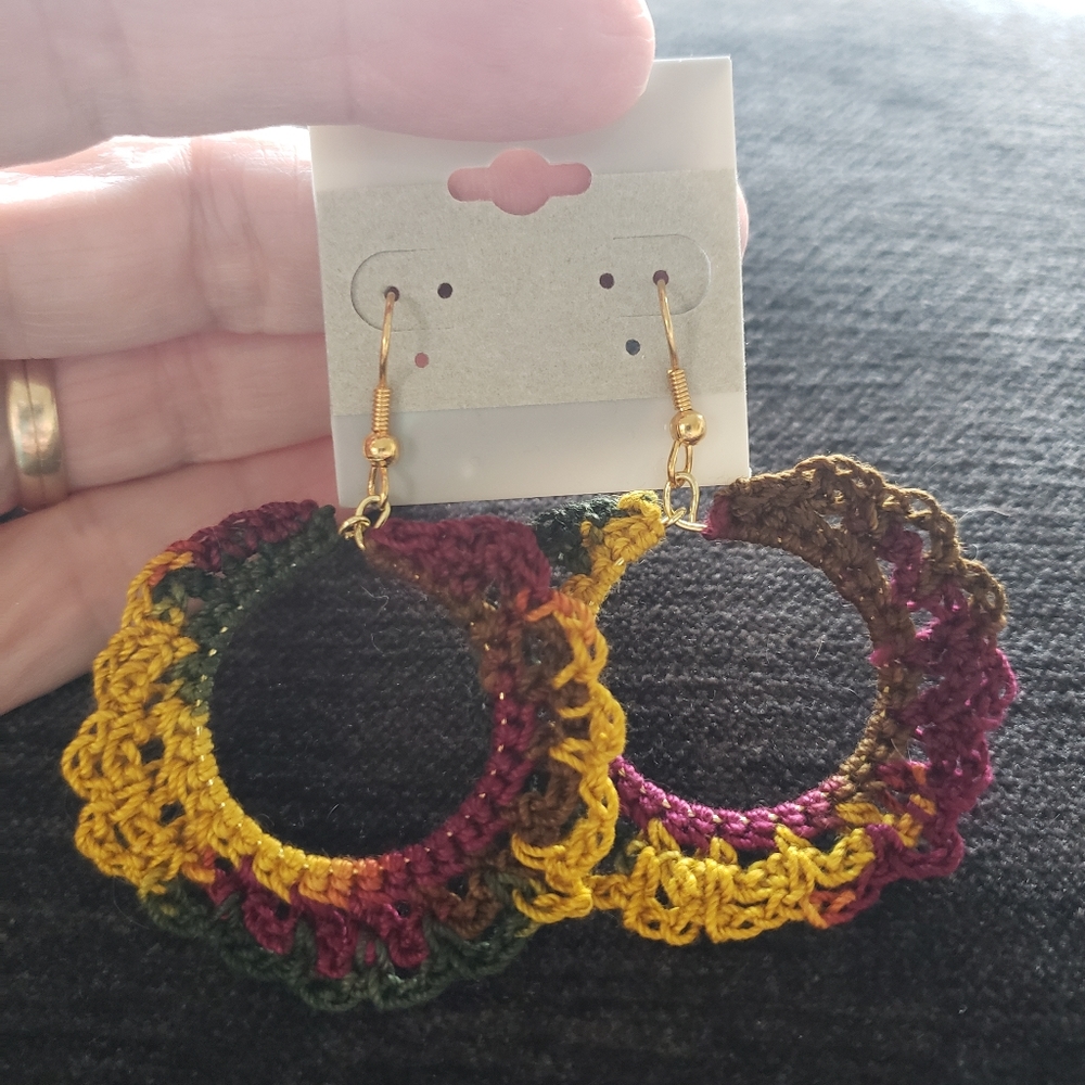 Earrings-Hand Crocheted autumn colored thread with gold ear wires.